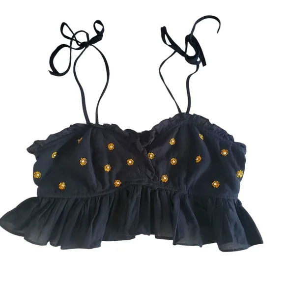 🔥FREE PEOPLE Intimately Free On A Star‎ Black Rhinestone Ruffle Cropped Cami  S - Picture 3 of 11